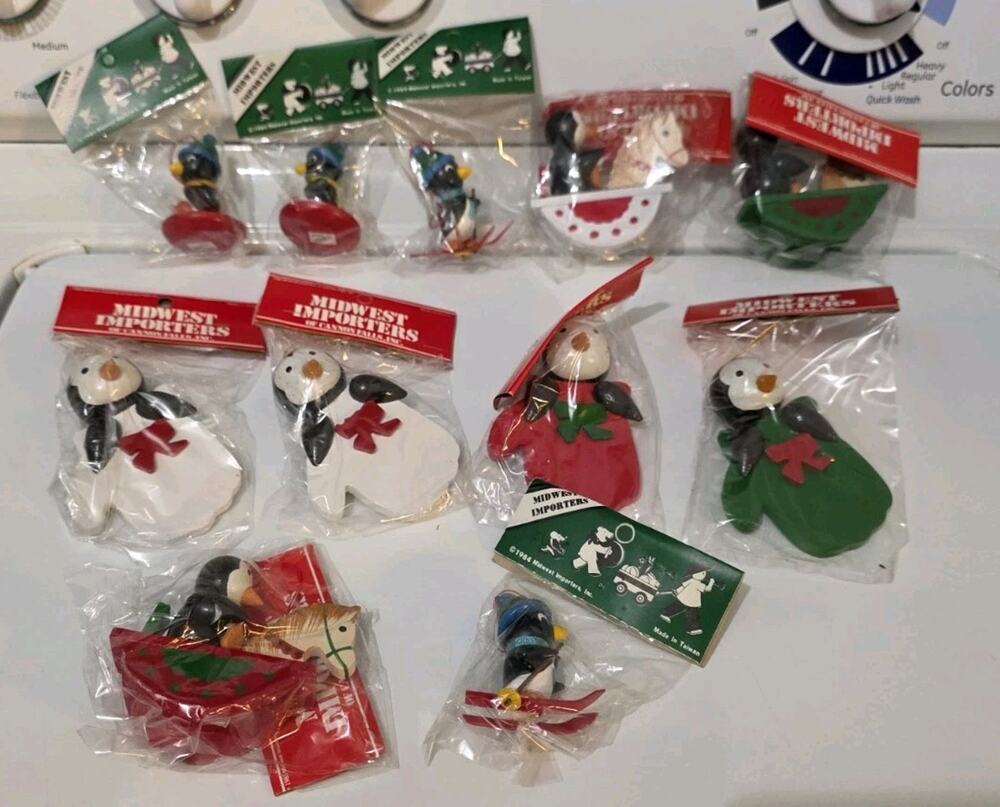 New - Set Of 11 - Vintage 1980's Midwest Importers Wood Penguin Ornaments 2"